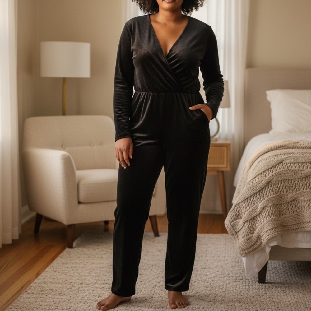 Loft Outlet Black Velvet Long Sleeve Jumpsuit Size XL